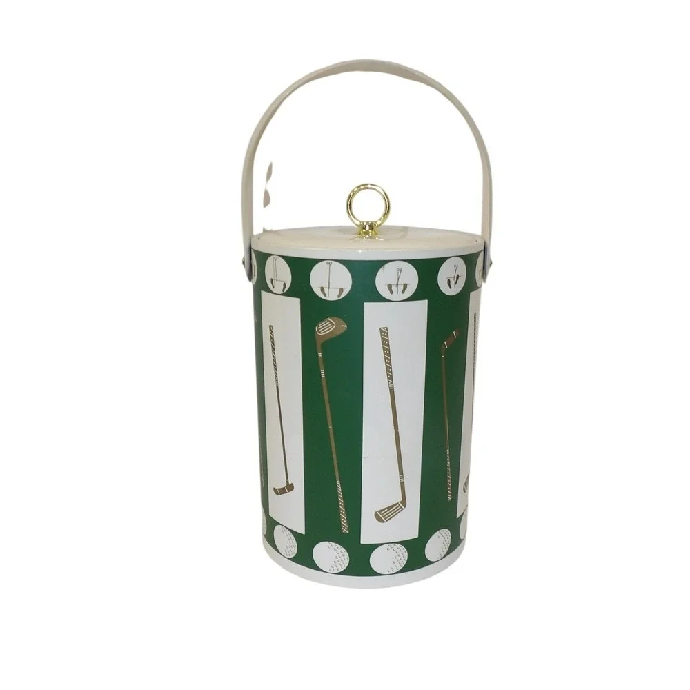 Vintage Golf Theme Insulated Ice Bucket Green White Clubs Mid Century Barware